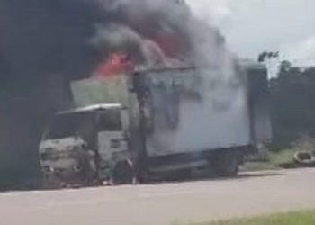 Caminhão carregado de pneus pega fogo na BR-230, próximo a Santa Rita