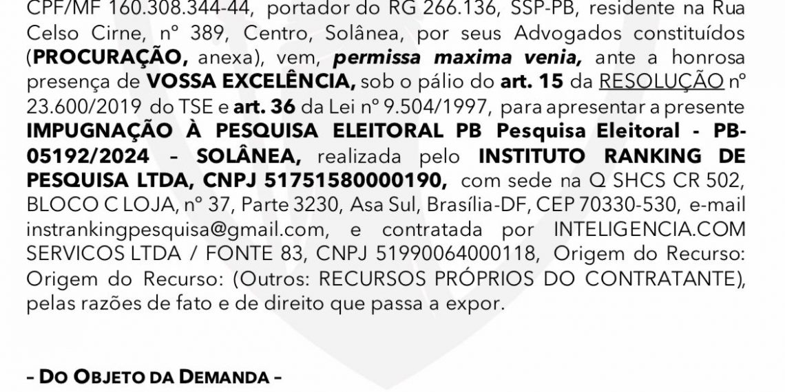 COLIGAÇÃO “PRA SOLÂNEA BRILHAR DE NOVO” IMPUGNA PESQUISA ELEITORAL POR INDÍCIOS DE FRAUDE
