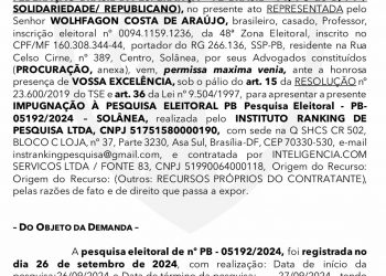 COLIGAÇÃO “PRA SOLÂNEA BRILHAR DE NOVO” IMPUGNA PESQUISA ELEITORAL POR INDÍCIOS DE FRAUDE