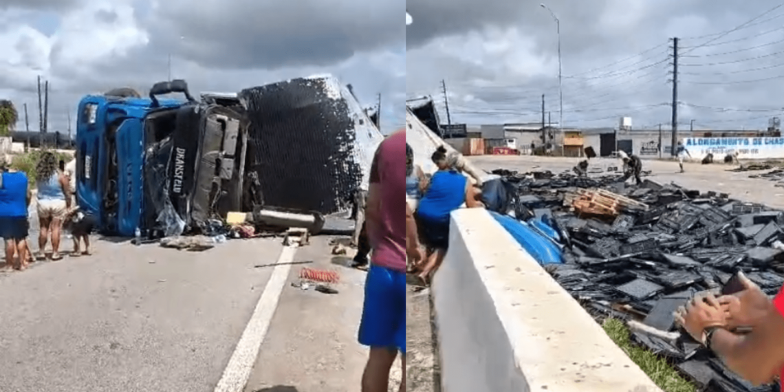 Carreta tomba na BR-101, em Santa Rita, bloqueia parte da via e carga se espalha pela rodovia