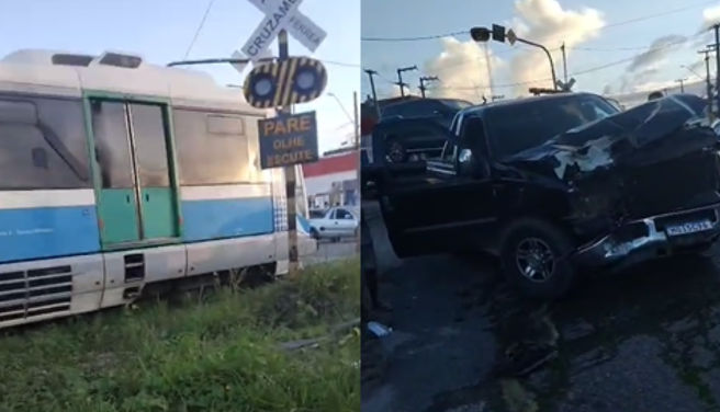 Homem fica preso às ferragens após colisão entre carro e trem na Ilha do Bispo, em João Pessoa