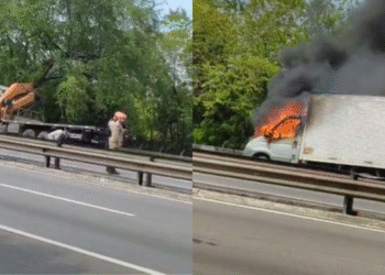 Caminhão pega fogo e interdita faixa da BR-101, em João Pessoa