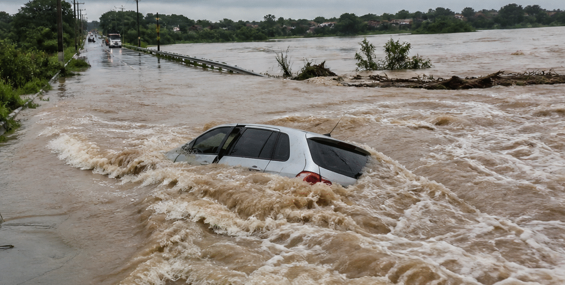Veículo é arrastado pela força do Rio Paraíba em rodovia entre Santa Rita e Cruz do Espírito Santo
